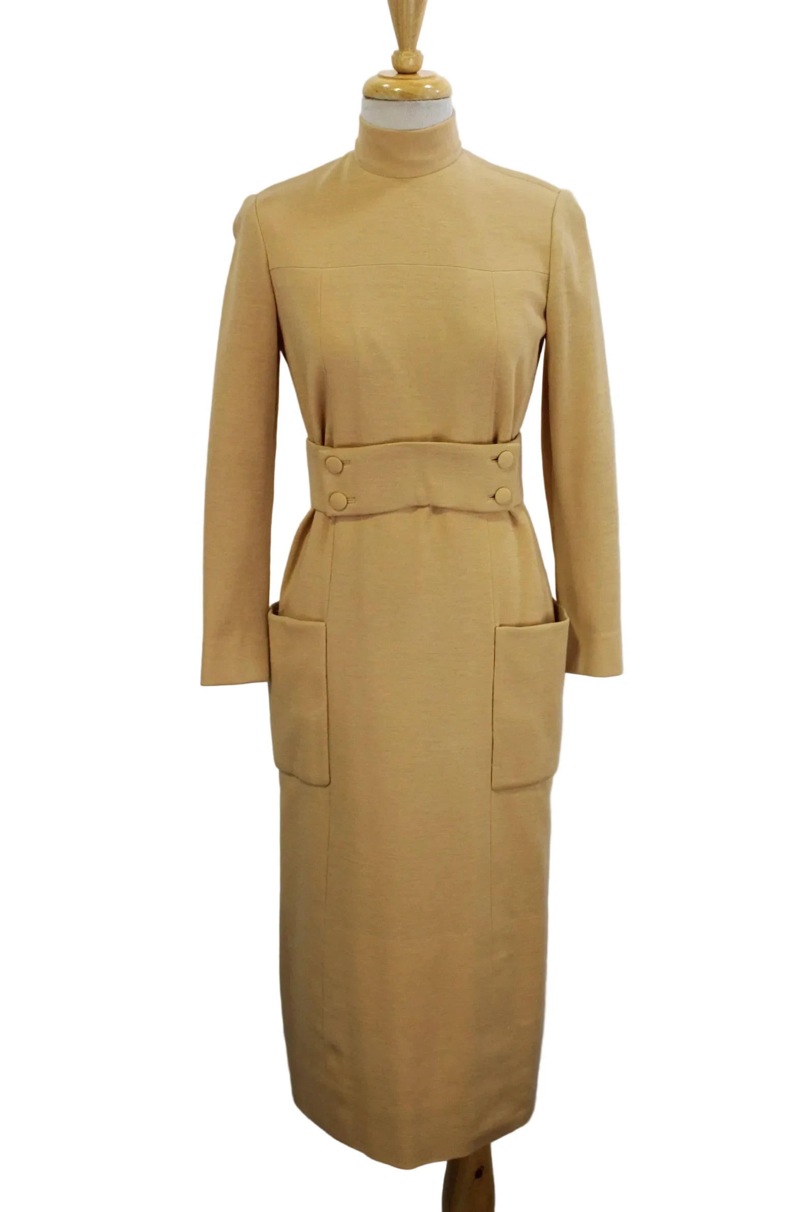 Vintage 1970s Norman Norell Designer Camel Stand Collar Wool Day Dress