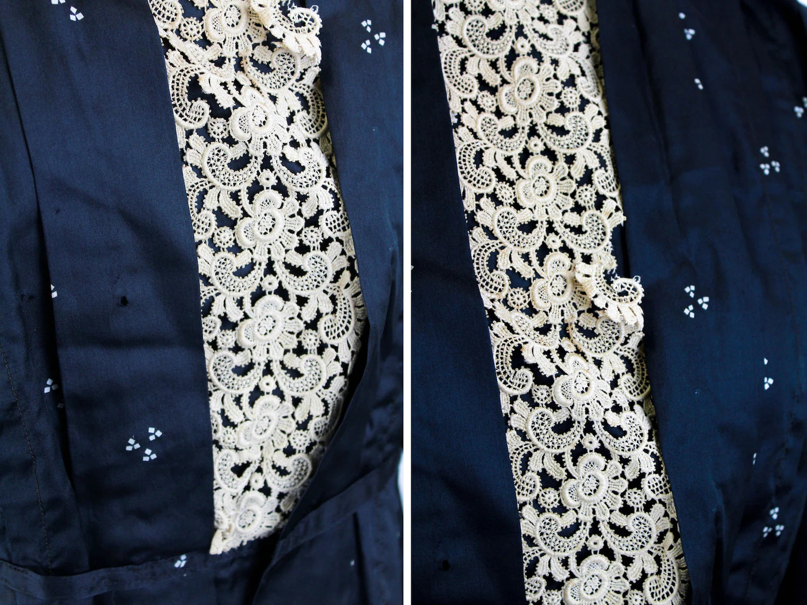 Antique Victorian Black Printed Silk & Lace Bodice, B34"