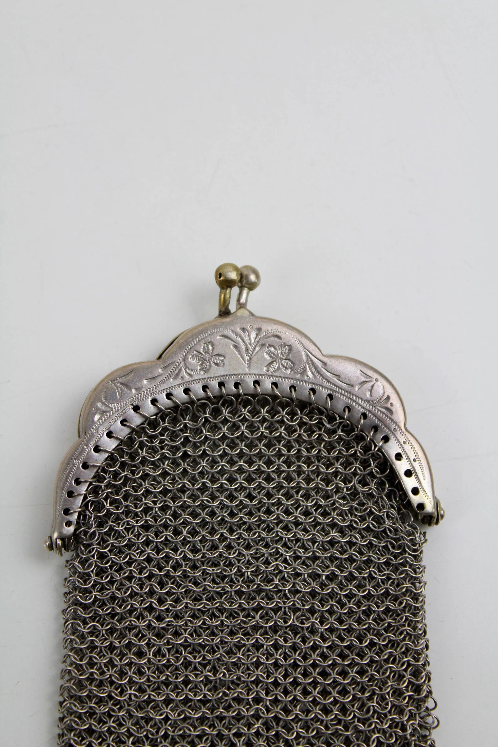 Antique Victorian Chainmail Coin Purse, Two Sections, Silver Tone Metal, Kiss Clasp, 1900s Mesh Metal Pouch