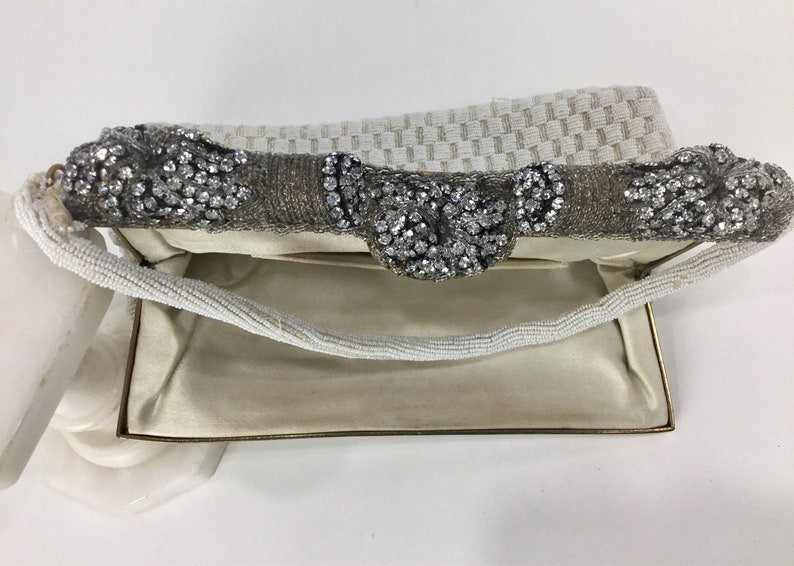 Vintage 1950s 1960s Evening Bag, Walborg Style Beaded Purse, White Beaded Bag with Rhinestone Clasp Perfect for Proms & Weddings