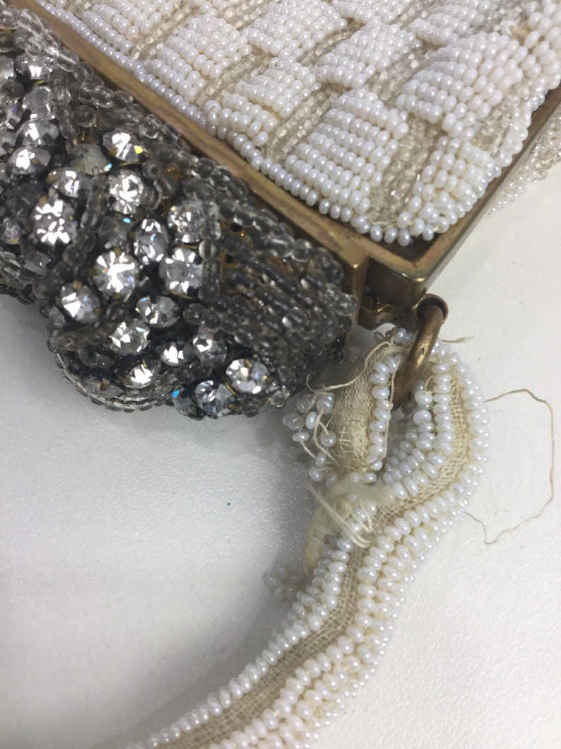 Vintage 1950s 1960s Evening Bag, Walborg Style Beaded Purse, White Beaded Bag with Rhinestone Clasp Perfect for Proms & Weddings