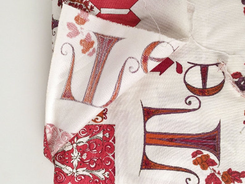 1970s Novelty Print Fabric, Illuminated Manuscript Letters, Vintage Medieval Print Fabric, I Love You Upholstery Fabric, 8+ Yards