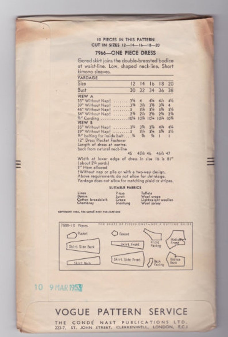VINTAGE 1950's Women's Cocktail Dress Pattern, 50's Sewing Pattern, Vintage Vogue Pattern, Vogue 7966, B32", H35", Cut Complete