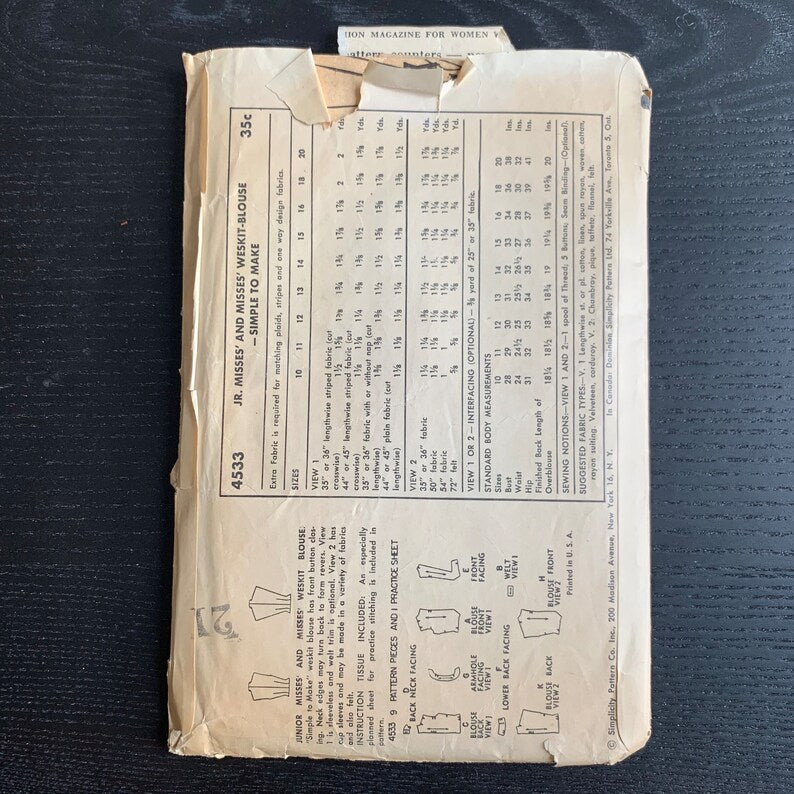 1950s Blouse Sewing Pattern Simplicity 4533. Vintage 50s Junior Misses' and Misses' Weskit Blouse, 1950s Blouse Pattern, Size 12, Bust 30"