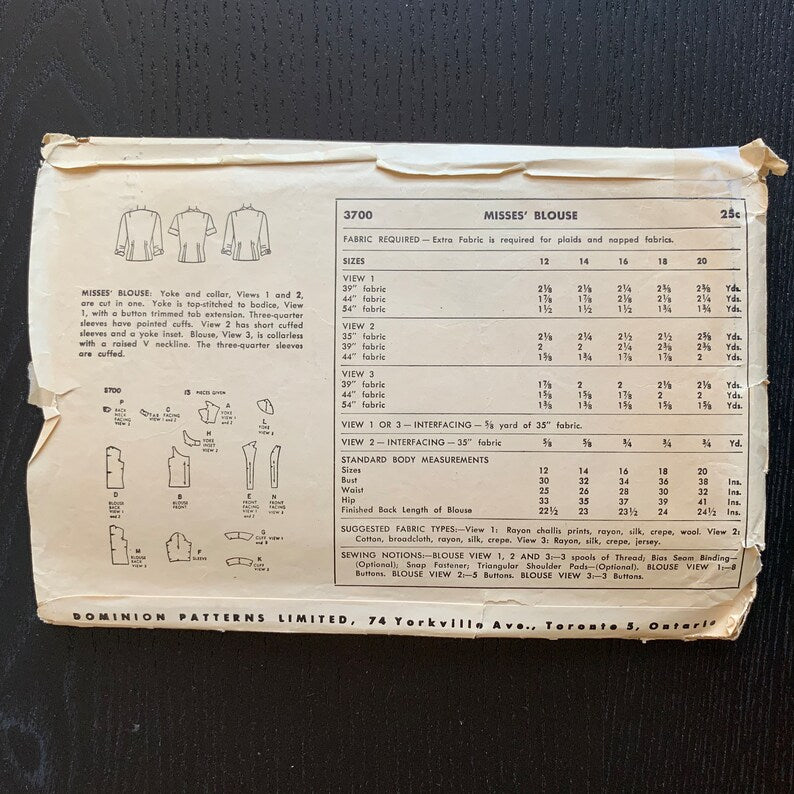 Vintage 1950s Women's Blouse Sewing Pattern, Simplicity 3700, Bust 30"