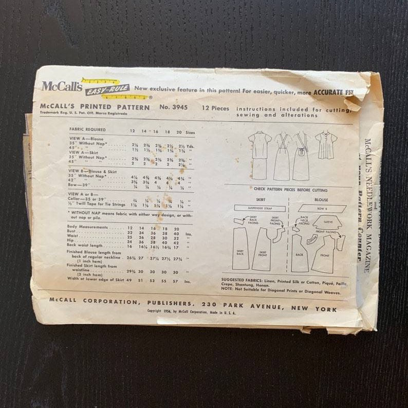 Vintage 1950s Women's Maternity Two-Piece Dress, McCalls Sewing Pattern 3945, Incomplete, Bust 38"