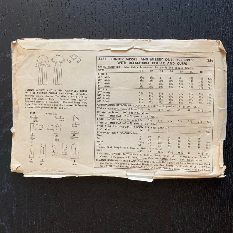 Vintage 1950s Women's Dress Sewing Pattern, Simplicity 3487, Bust 30" Waist 25", Incomplete