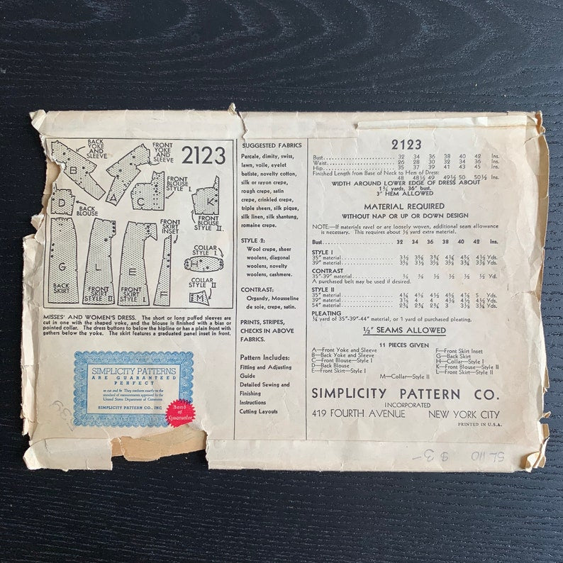 1930s Womens Dress Sewing Pattern Simplicity 2123, Vintage 30s Pattern, Long or Short Sleeves, Bust 32", Incomplete Missing One Collar Style