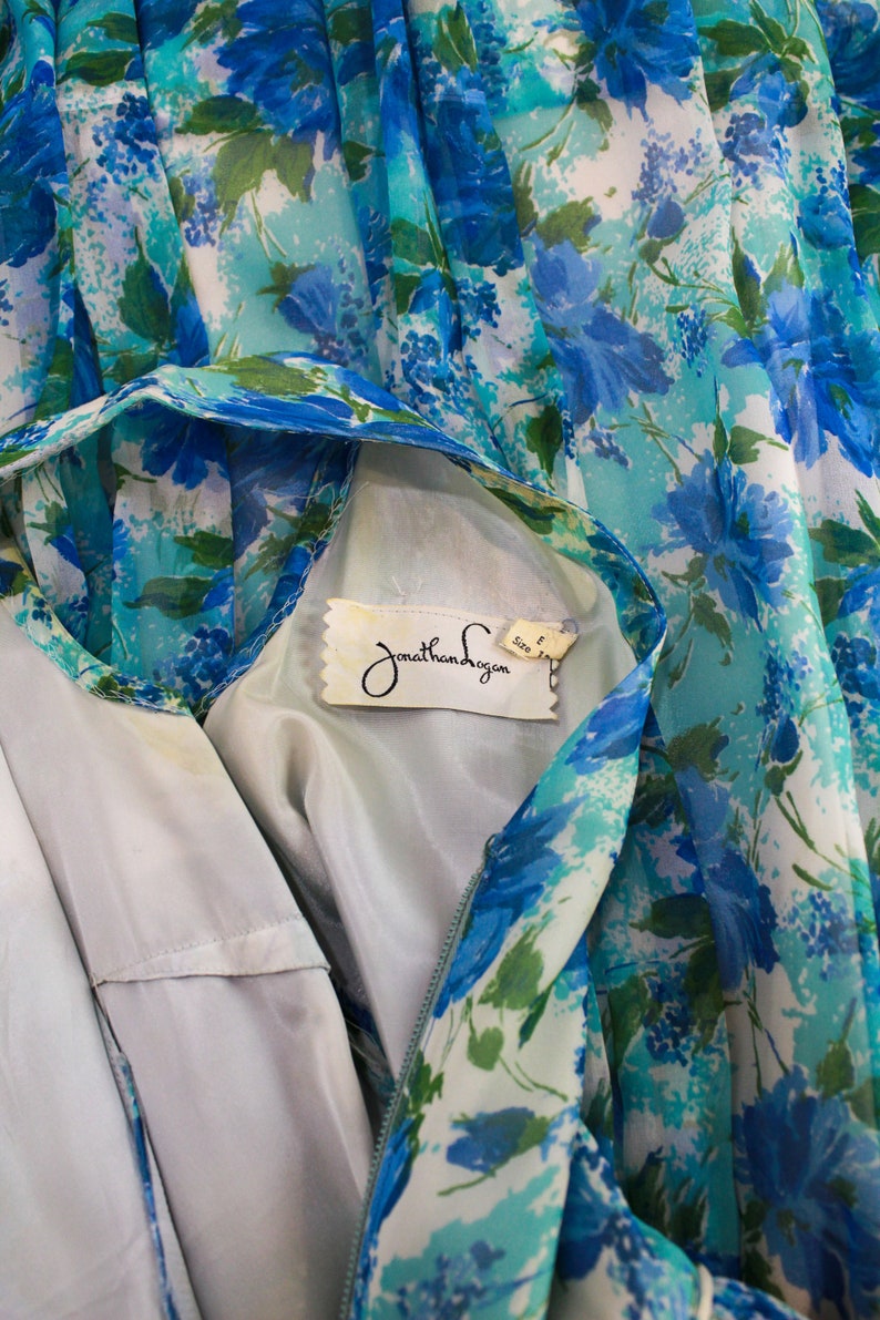 Vintage 1960s Jonathan Logan Blue Floral Print Chiffon Dress, Gathered Full Skirt, Deep V Back, 60s Party Dress, Size XS/Small, Bust 34''