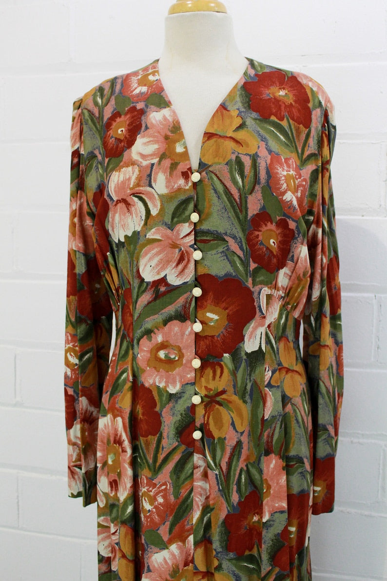Vintage 1990s Deadstock Dark Autumnal Floral Rayon Long Sleeve Button Front Maxi Dress