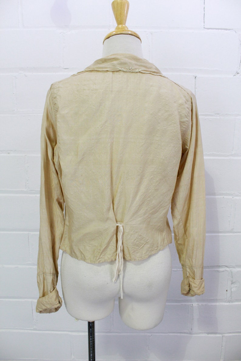 Antique 1900s Edwardian Silk Blouse, Embroidered Collared Antique Blouse, Beige Silk, Medium
