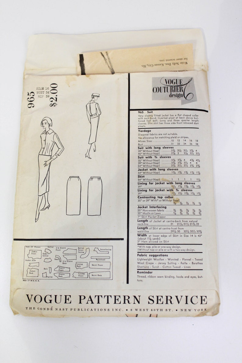 Vintage 1950s Women's Suit Sewing Pattern, Vogue Couturier Design 965 by Fabiana of Italy, Complete, Bust 36"