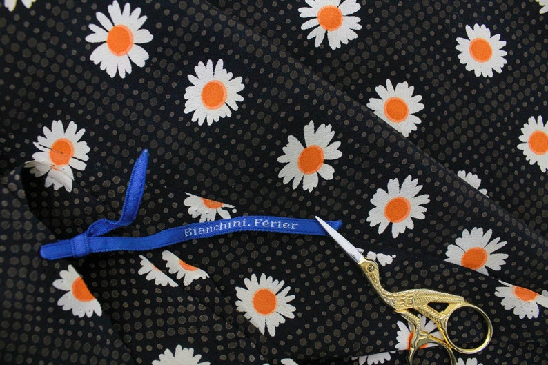 Vintage 80s Deadstock Designer Biancini Ferier Black Daisy Print Silk Fabric, 5 yrd