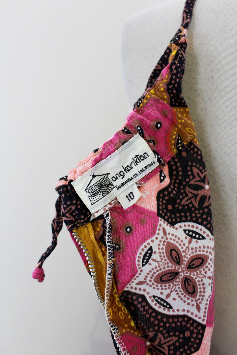 1970s Maxi Dress, Pink and Brown Patchwork Print, Vintage Boho Cotton Maxi Dress Ang Kariktan, XS