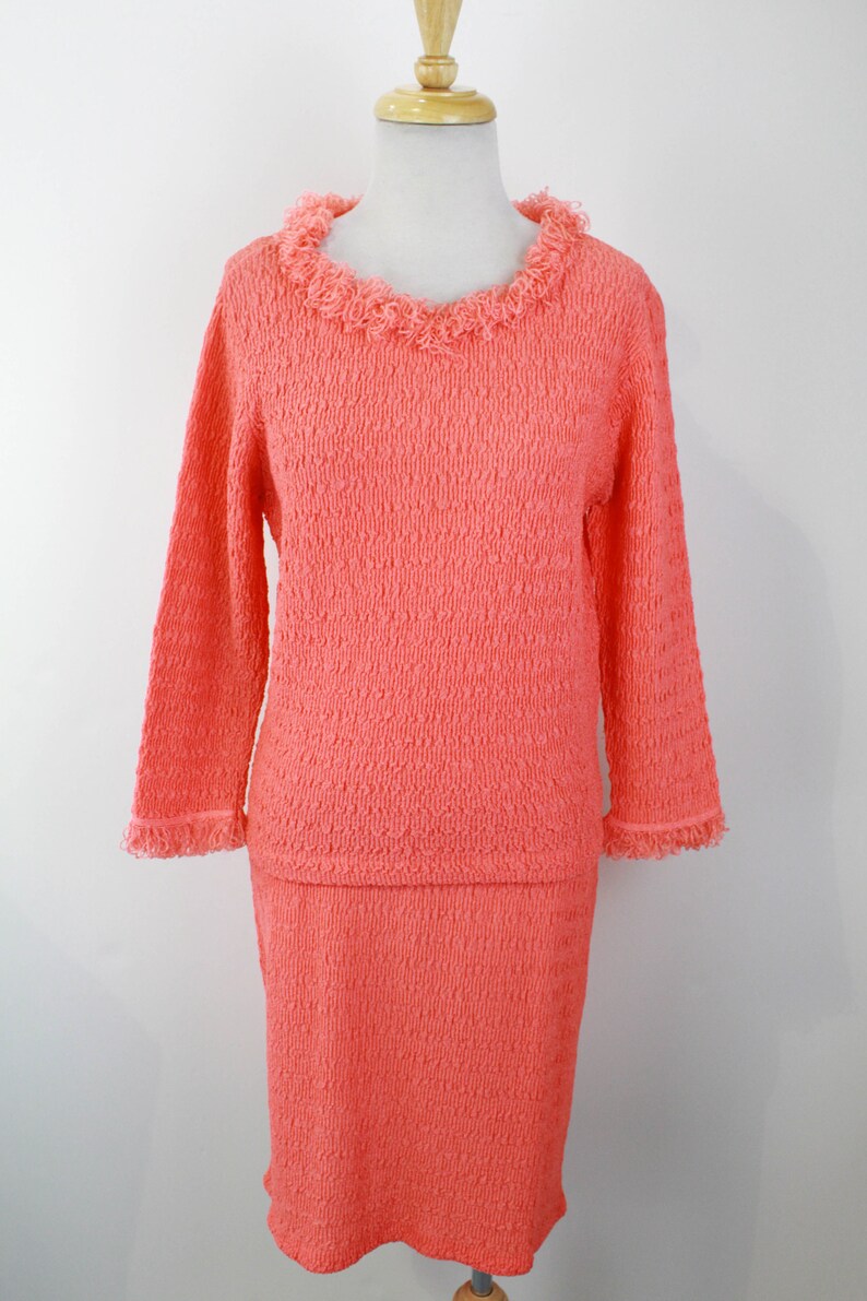 1960s Fuzzy Trim Salmon Pink Skirt and Top Set, Medium