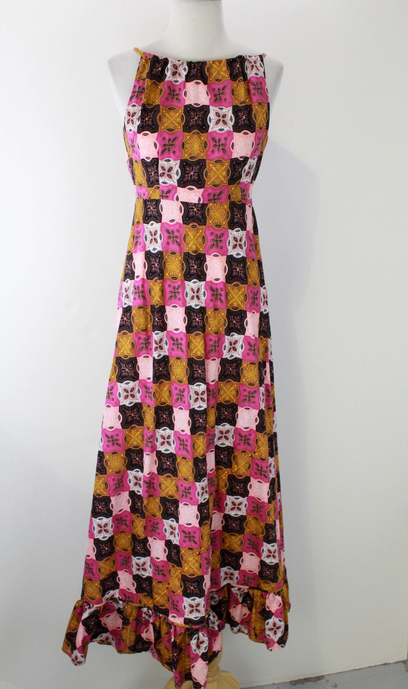 Vintage 1970s Pink & Brown Patchwork Print Cotton Maxi Dress, Ang Kariktan, Xs Vintage 1970s Pink & Brown Patchwork Print Cotton Maxi Dress, Ang Kariktan, Xs