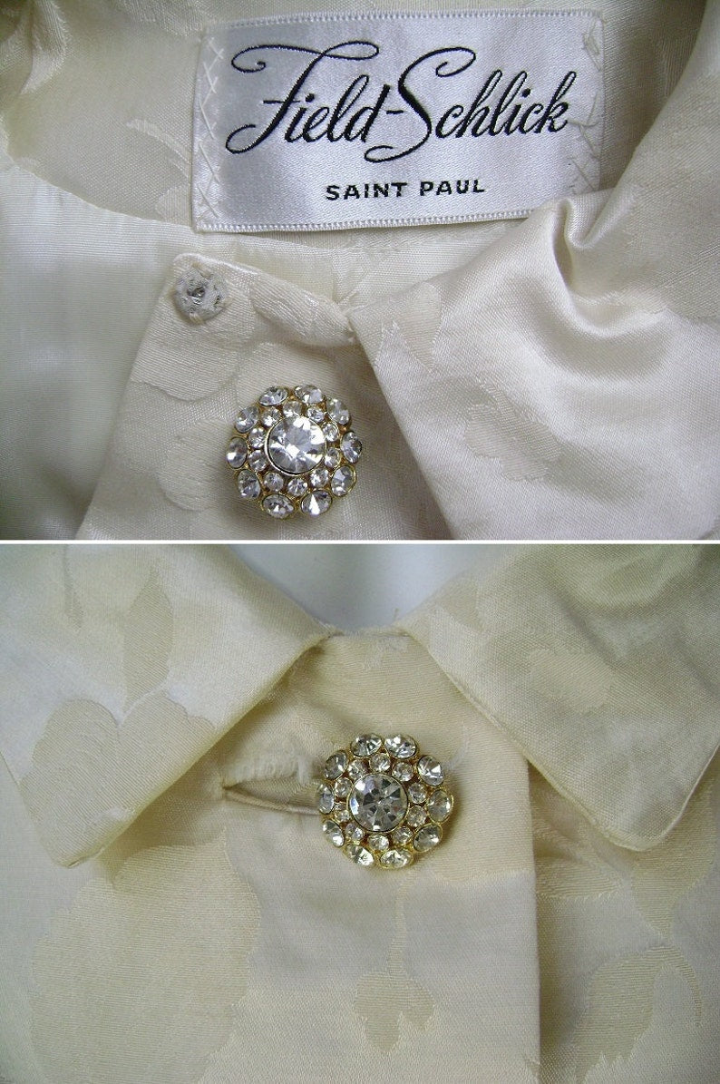 Vintage 60s Cream Floral Brocade Wedding Suit, Rhinestone Buttons, Sleeveless Fitted Dress, Matching Collared Jacket, B34, Mod Wedding Dress