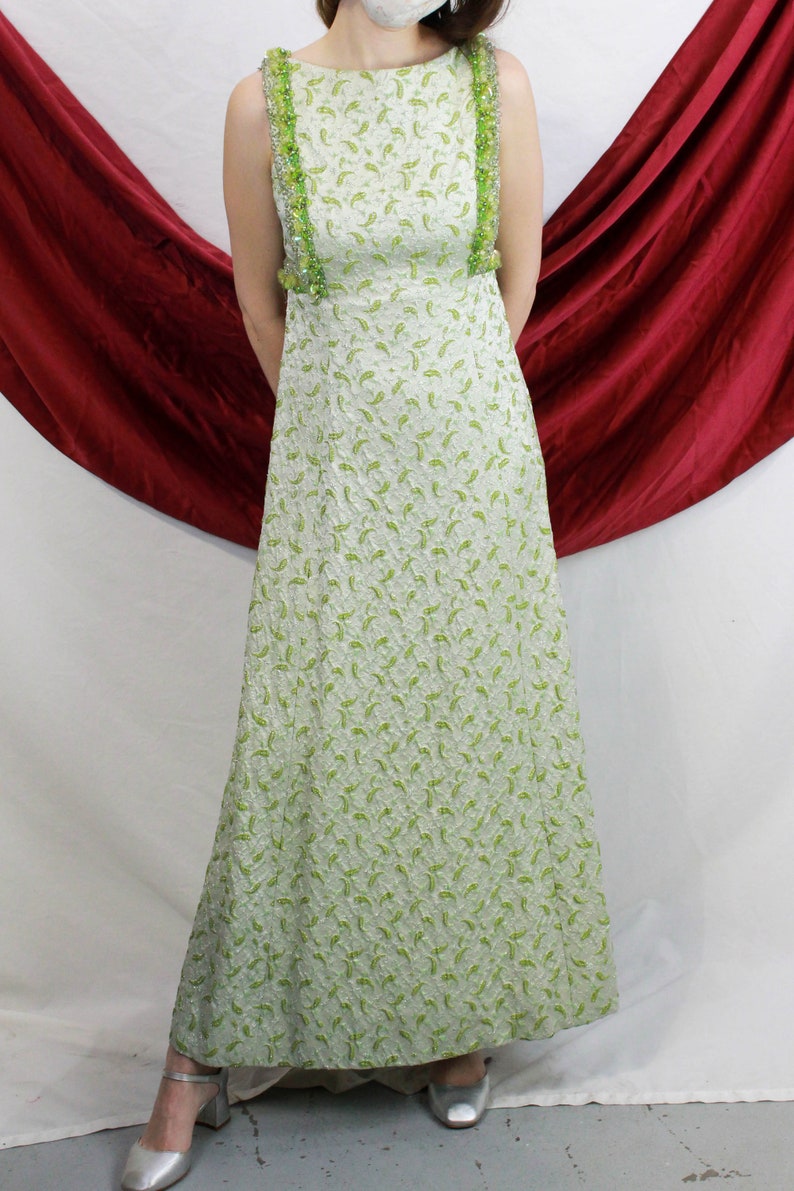 Vintage 1960s Green & Silver Lurex Beaded Maxi Dress With Paisley Print, Small Vintage 1960s Green & Silver Lurex Beaded Maxi Dress With Paisley Print, Small