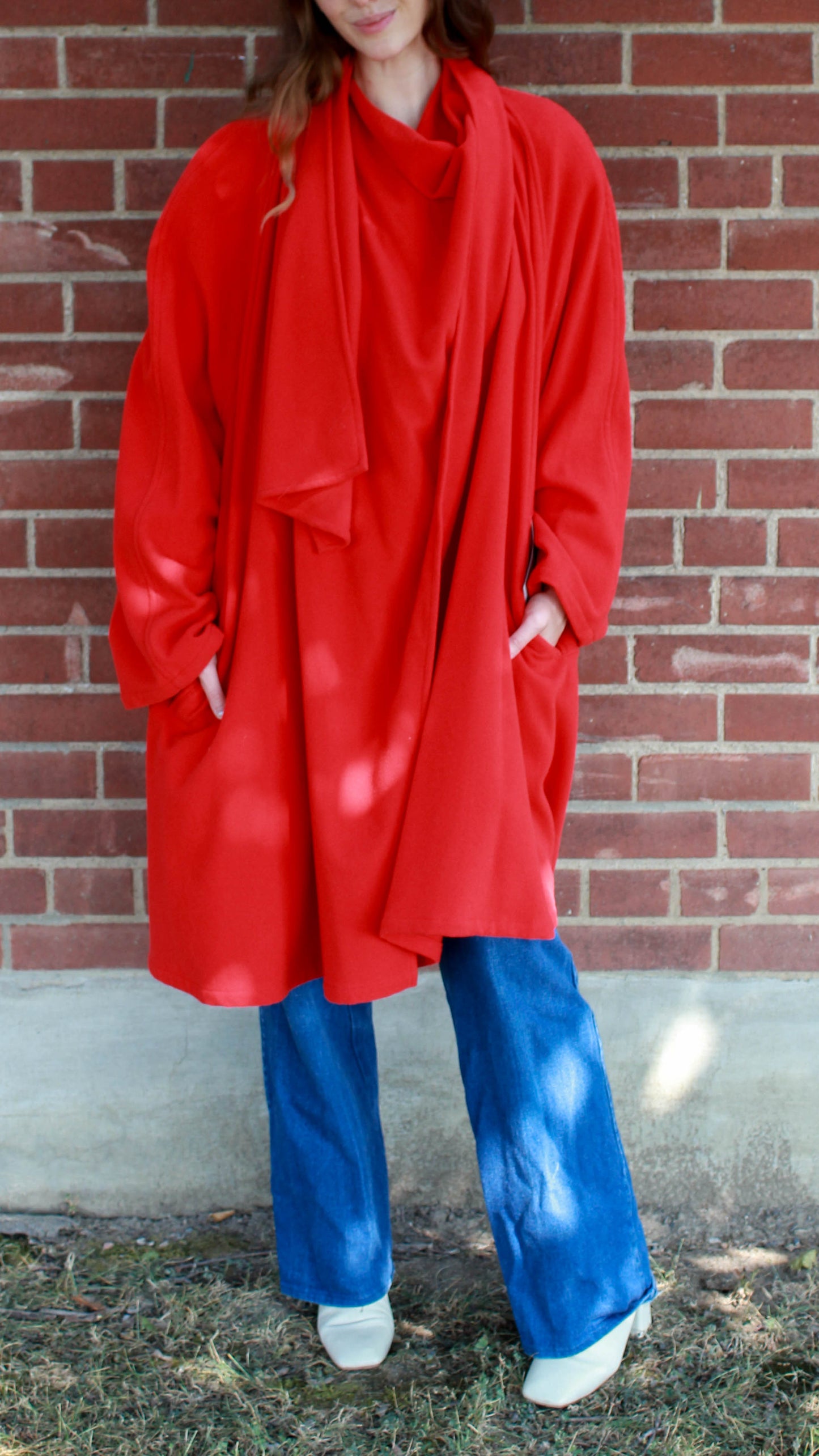 80s Karl Lagerfeld Cashmere Wool Wrap Coat, Bright Red, Vintage Designer Fashion