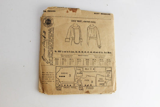 1920s/Teens Blouse Sewing Pattern McCalls 9087, Bust 38