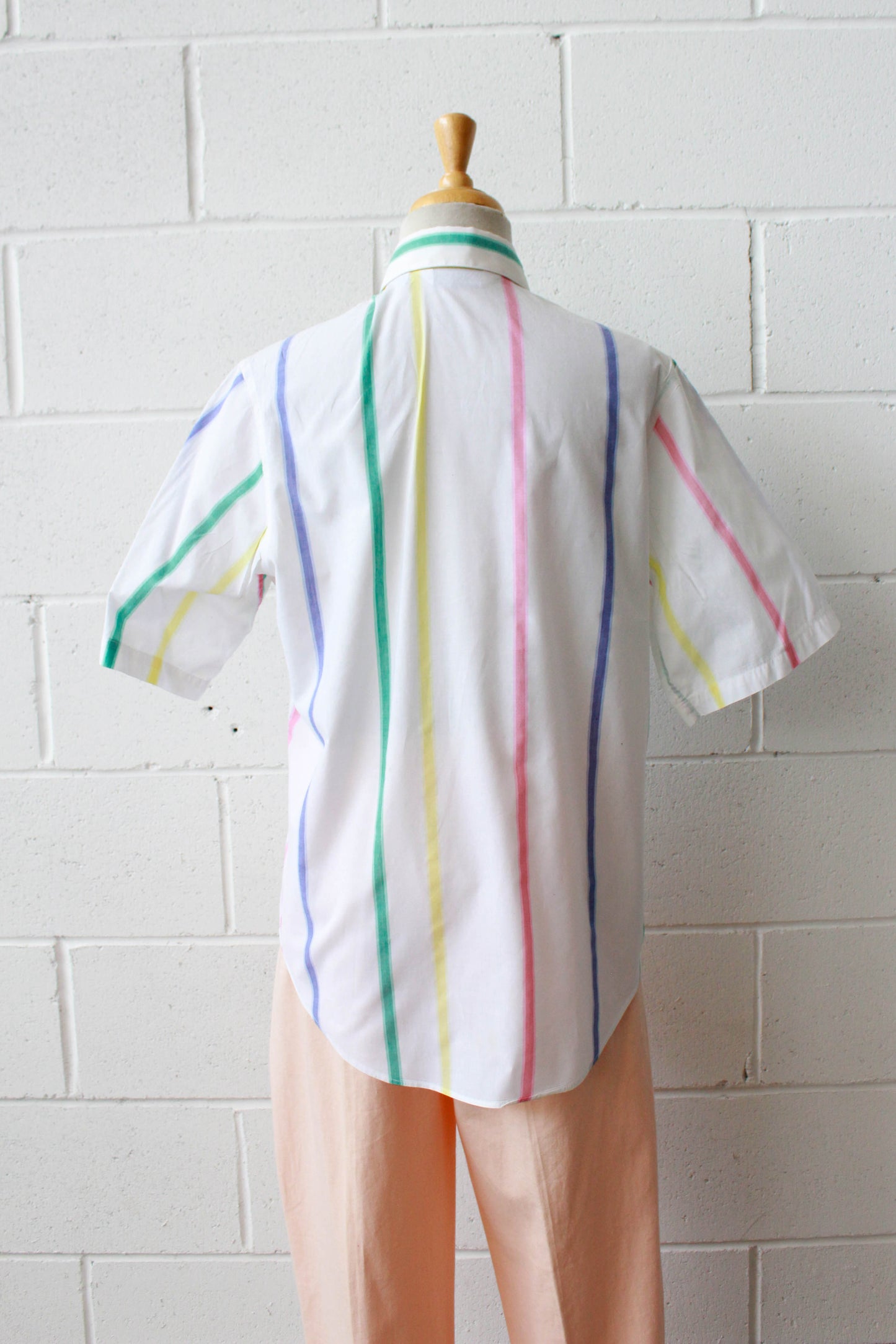Vintage 80s Rainbow Stripe White Button Down Shirt, M/L