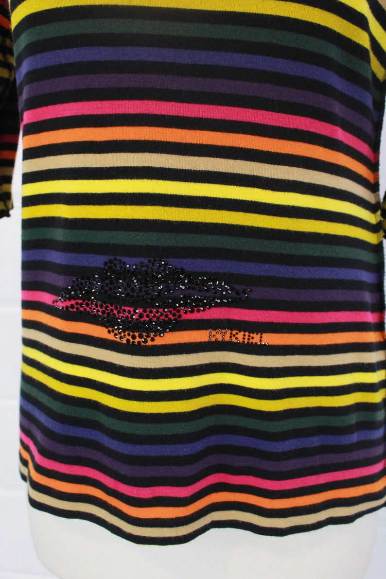 Vintage 1990s Sonia Rykiel Rainbow Striped T-Shirt with Rhinestone Logo, Medium