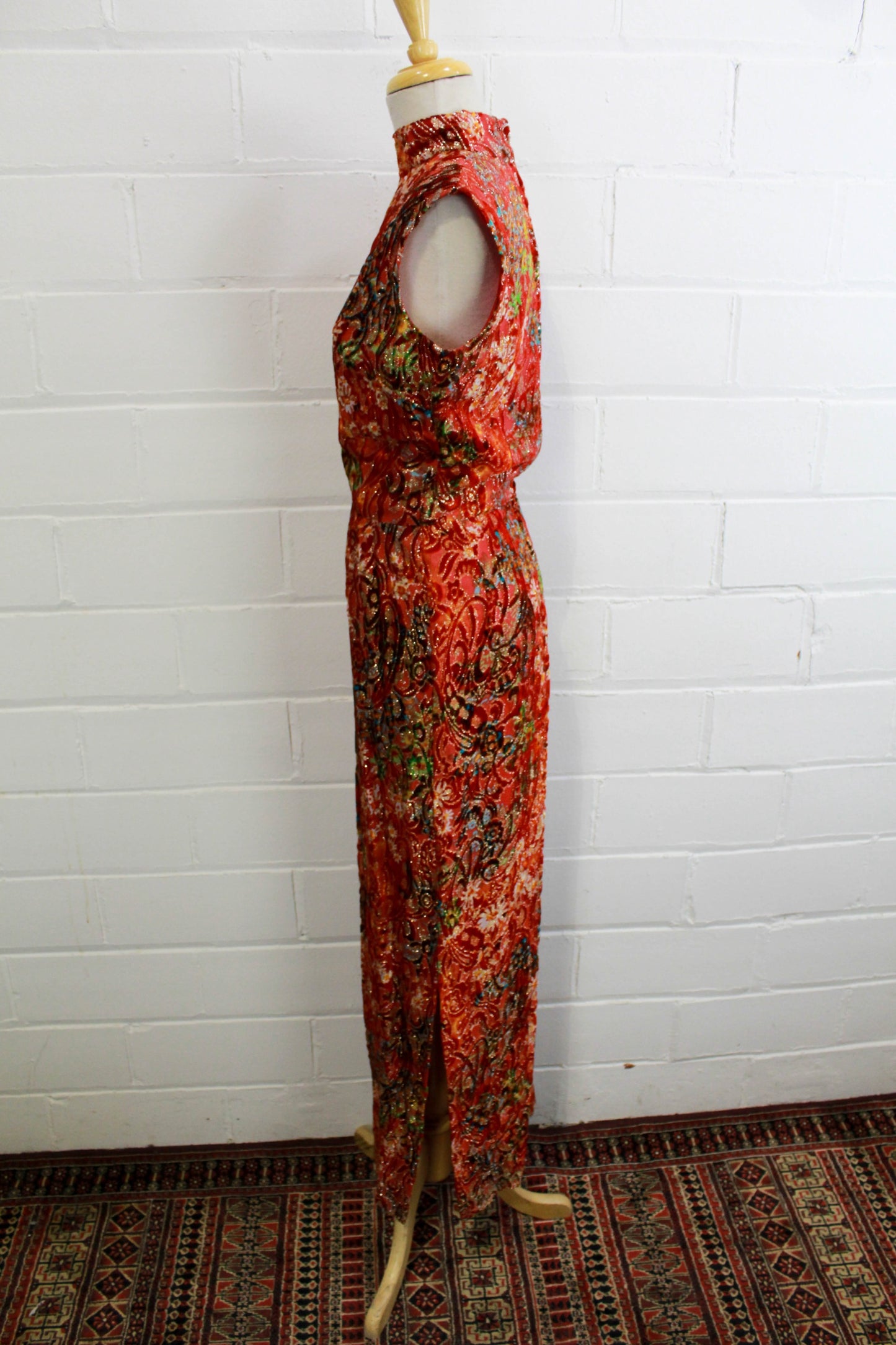 70s maxi dress red and gold velvet metallic floral print side view