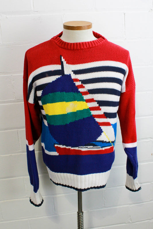 80s Sailboat Knit Sweater, Large