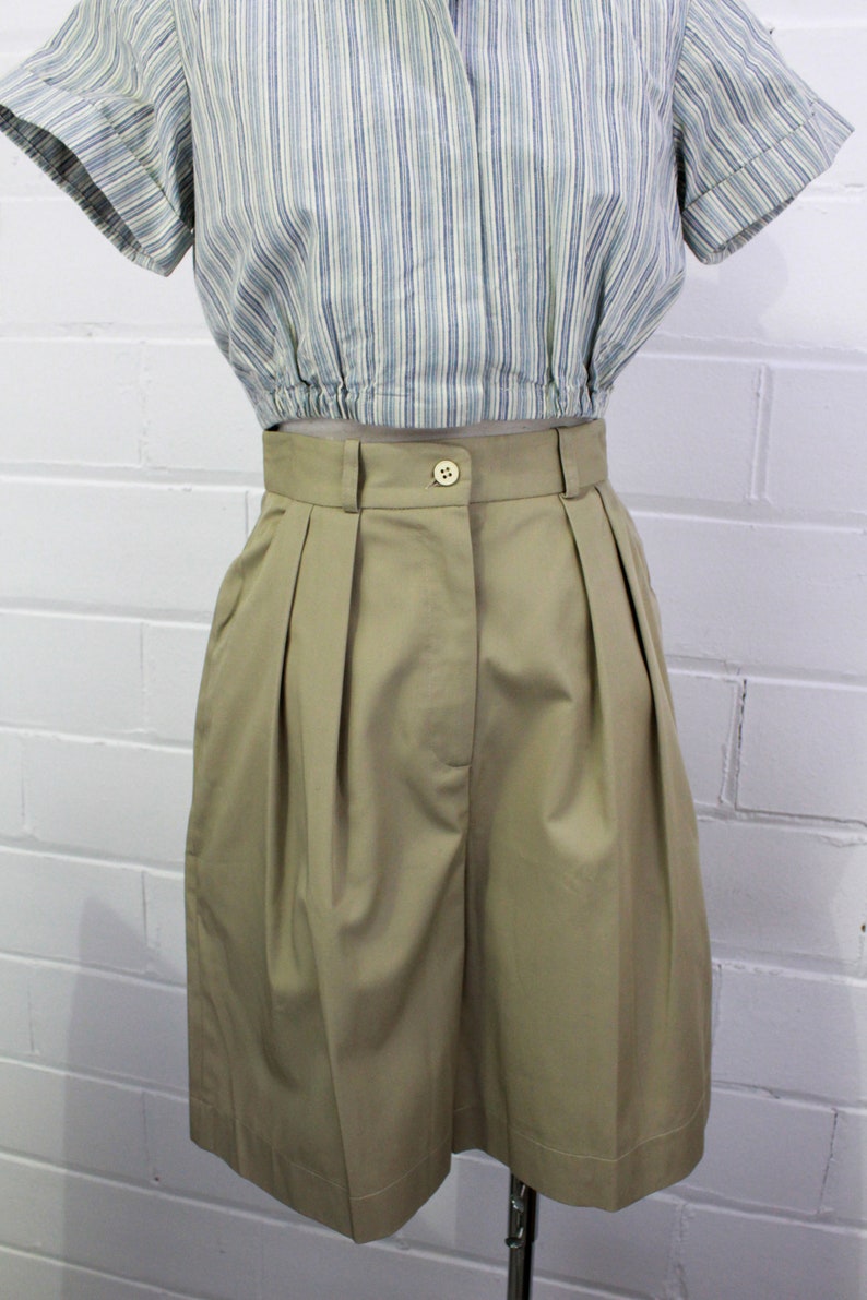 1980s cotton khaki long shorts with high waist, tailored pleated waist shorts, for office/work appropriate