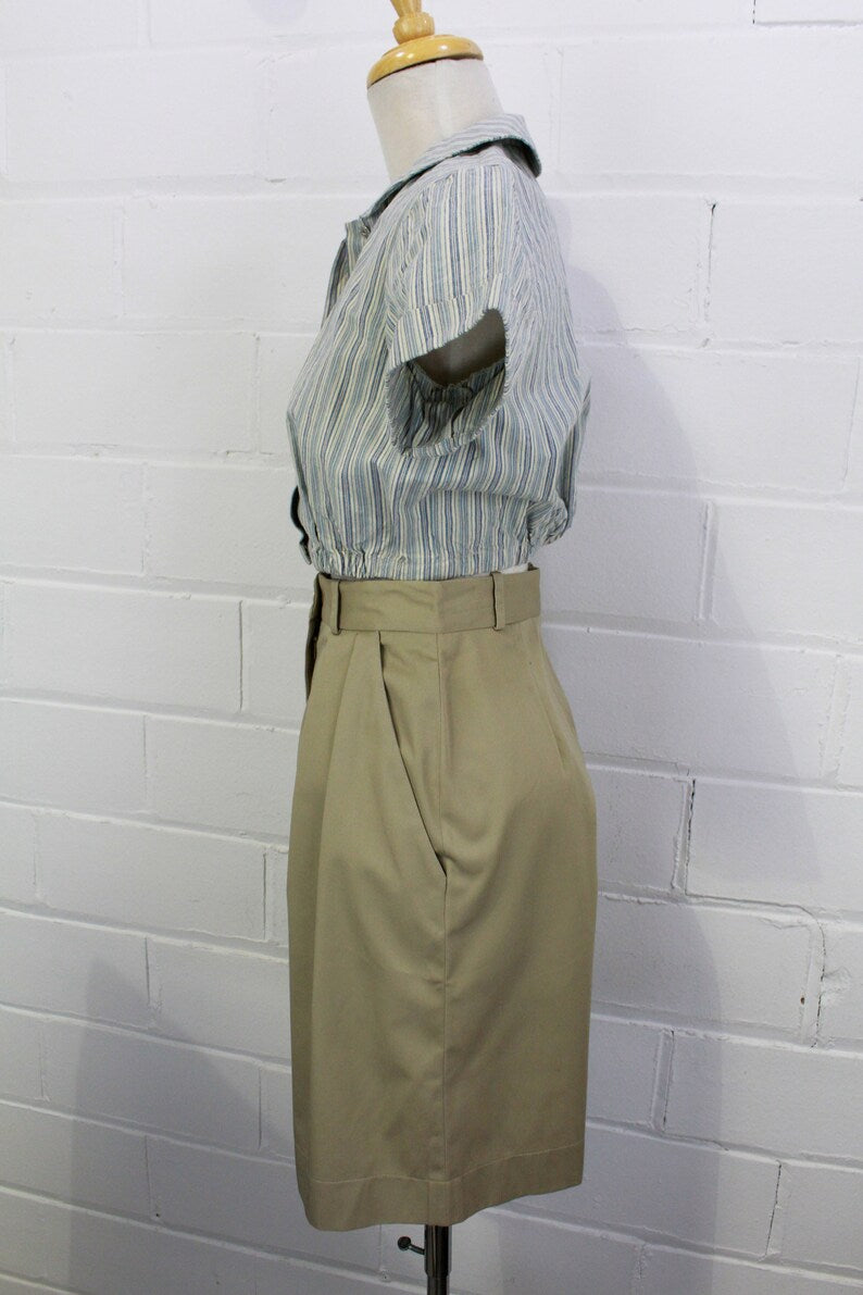1980s cotton khaki long shorts with high waist, tailored pleated waist shorts, for office/work appropriate side pockets and belt loops