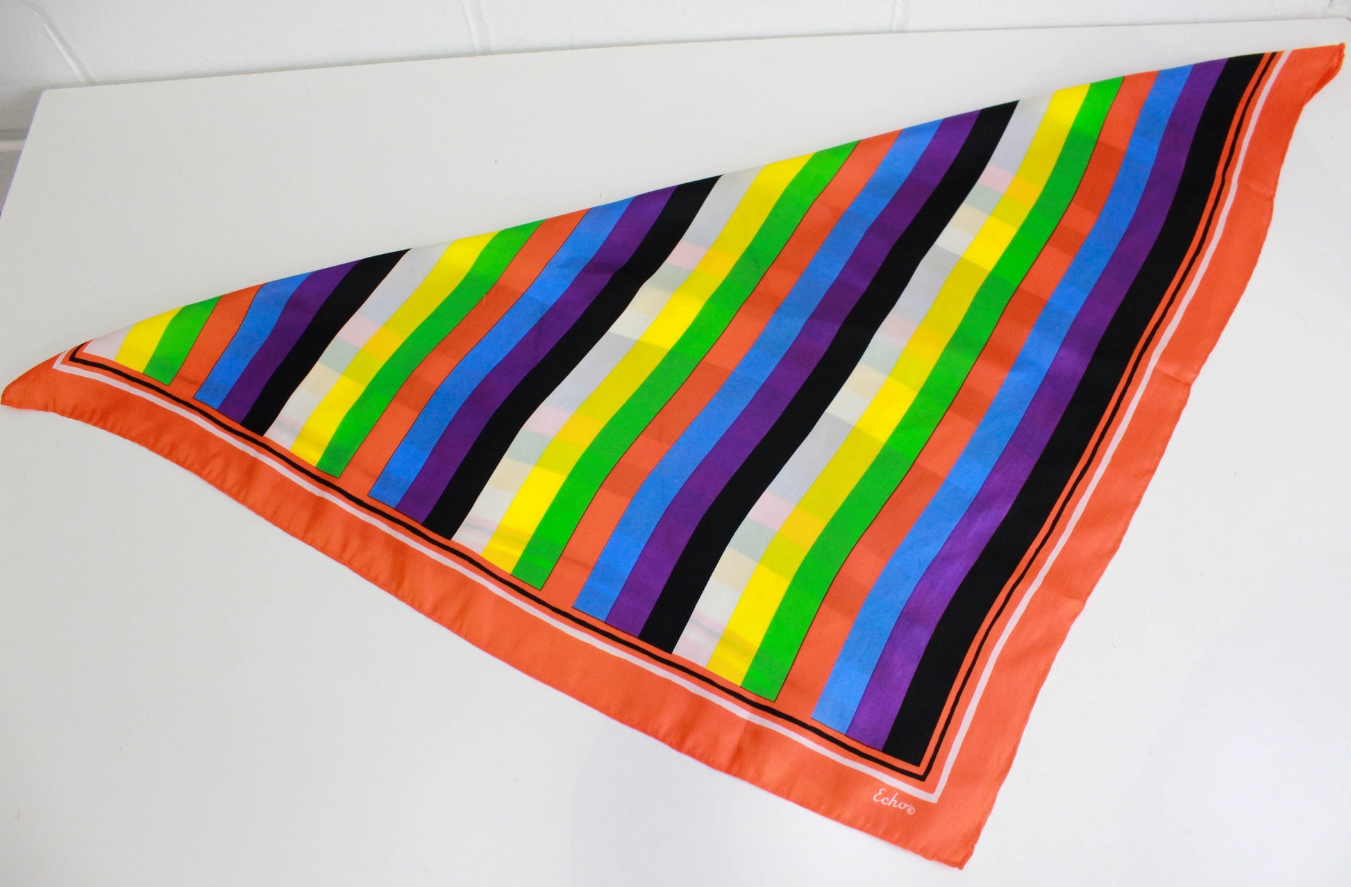 1960s 70s striped colourful square scarf, vintage silk scarf