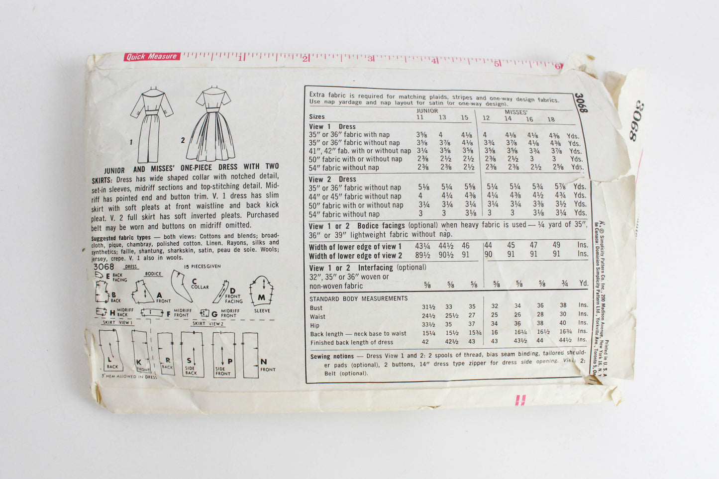 1950s Dress Sewing Pattern Simplicity 3068, Bust 34