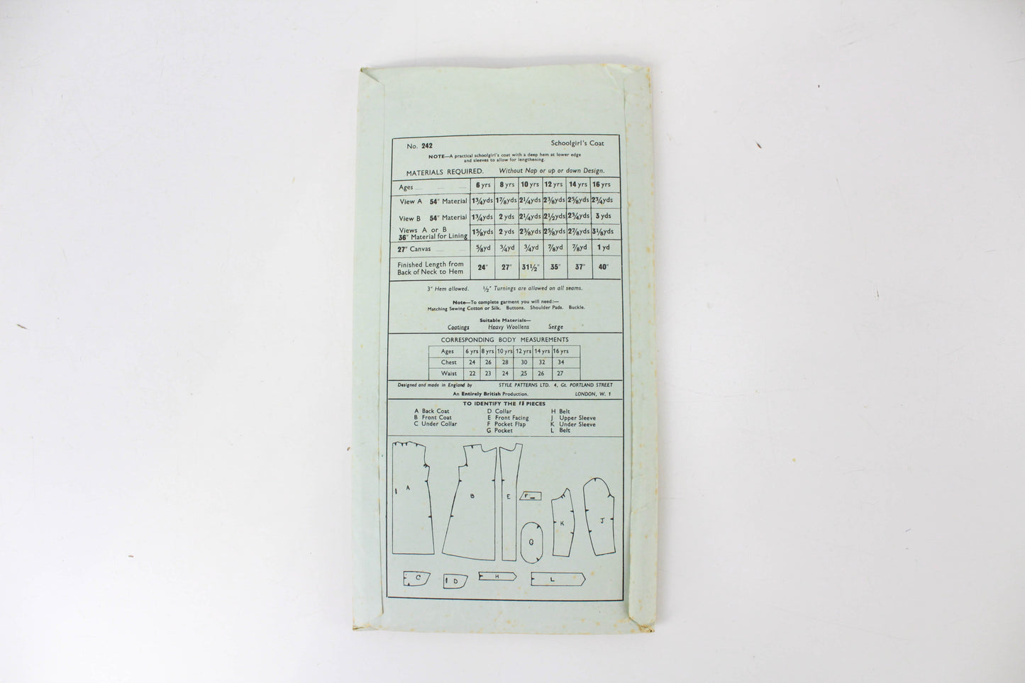 1940s girls coat sewing pattern Style 242 vintage pattern