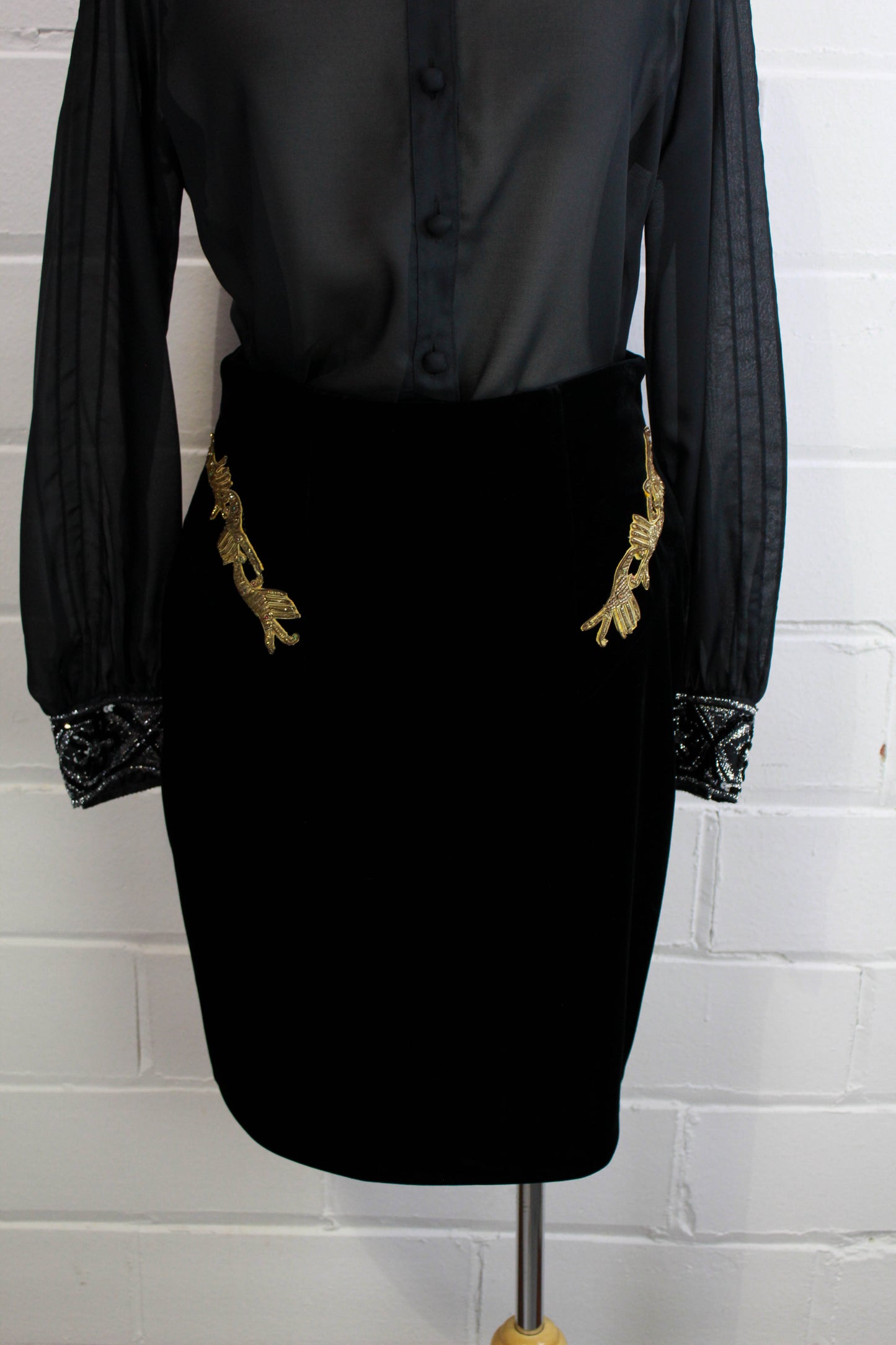 90s Black Velvet Gold Applique Skirt Suit by Mondi, S/M