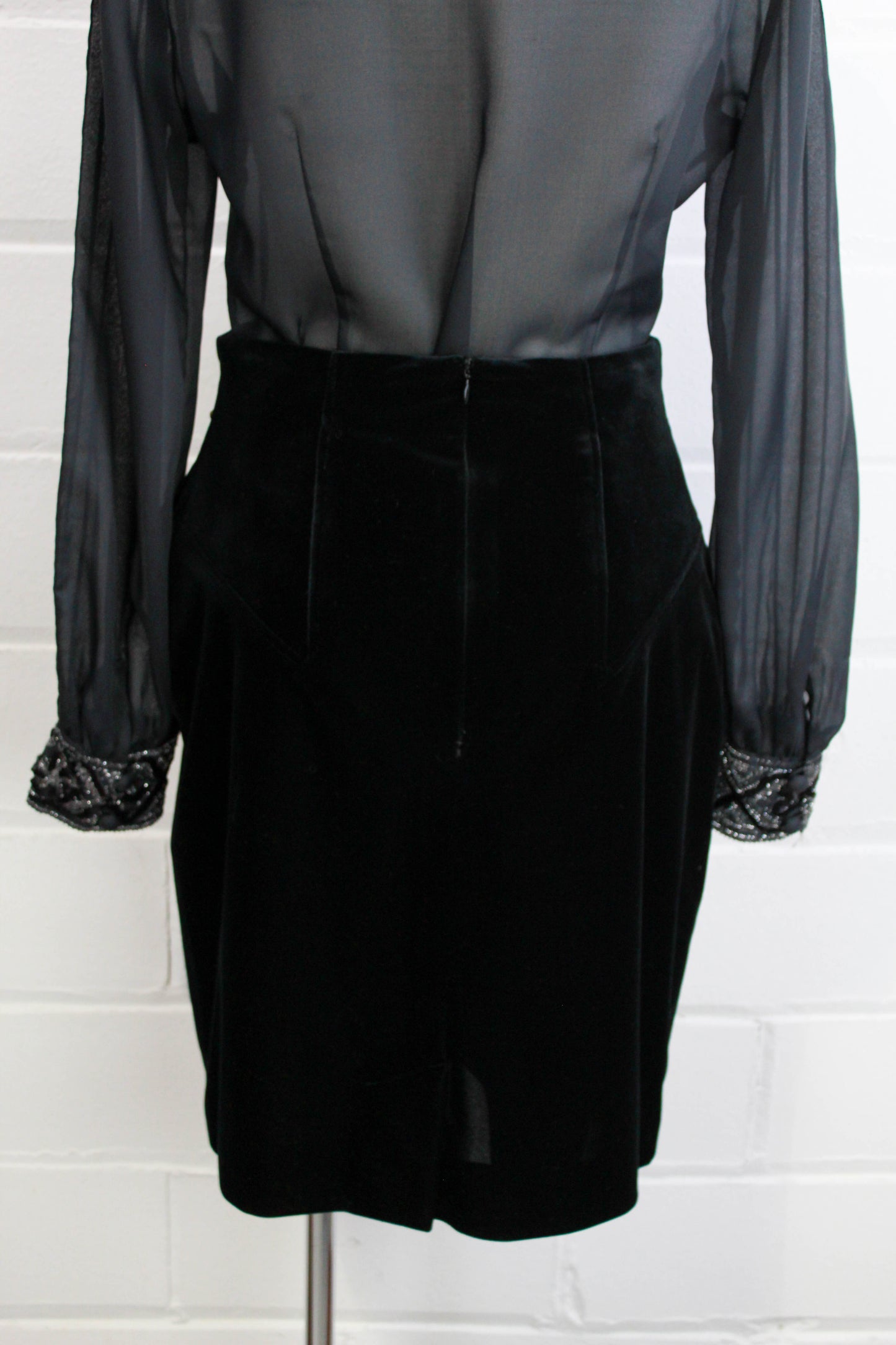 Vintage 1990s Black Velvet Gold Applique Skirt Suit by Mondi, Medium