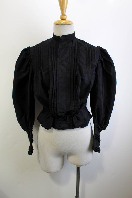 Victorian Black Linen Blouse, Pleated Front, Small