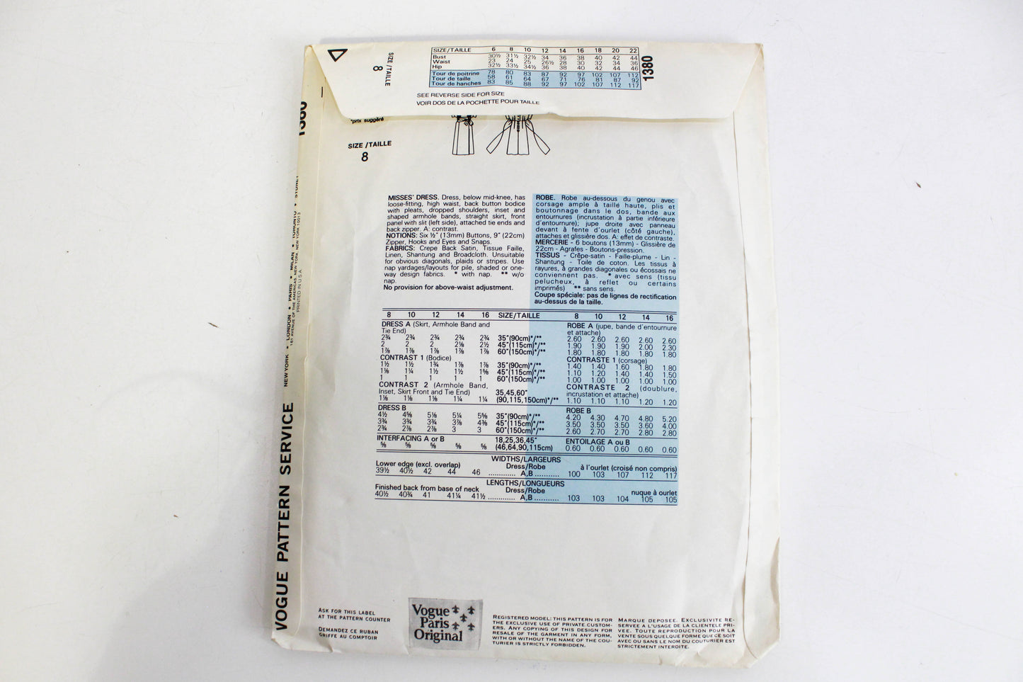 1980s Vogue Paris Original Sewing Pattern 1380 by Chloe, Dress Pattern