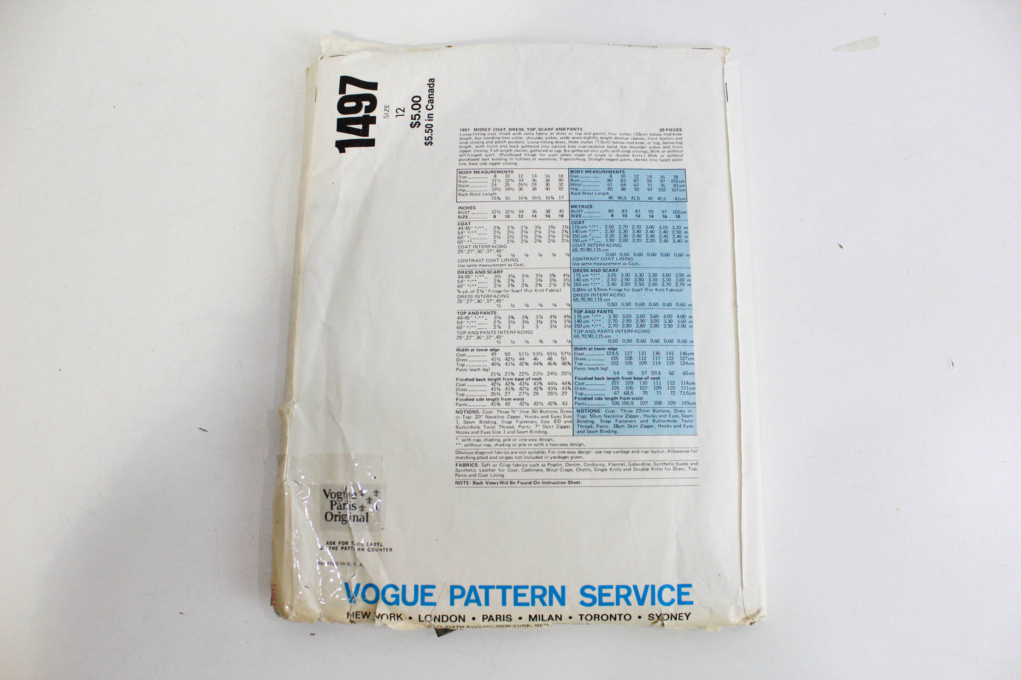 1970s vogue paris original 1497 sewing pattern emanuel ungaro coat top pants and dress bust 34