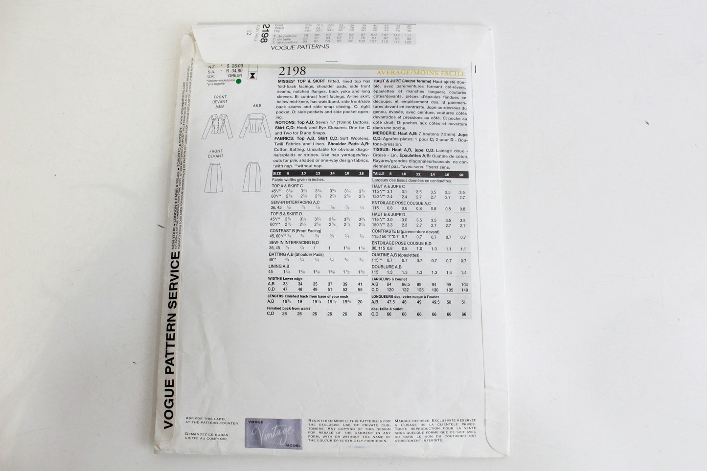 1940s Reissue Vogue Vintage 2198 Sewing Pattern, Women's Top and Skirt, UNCUT