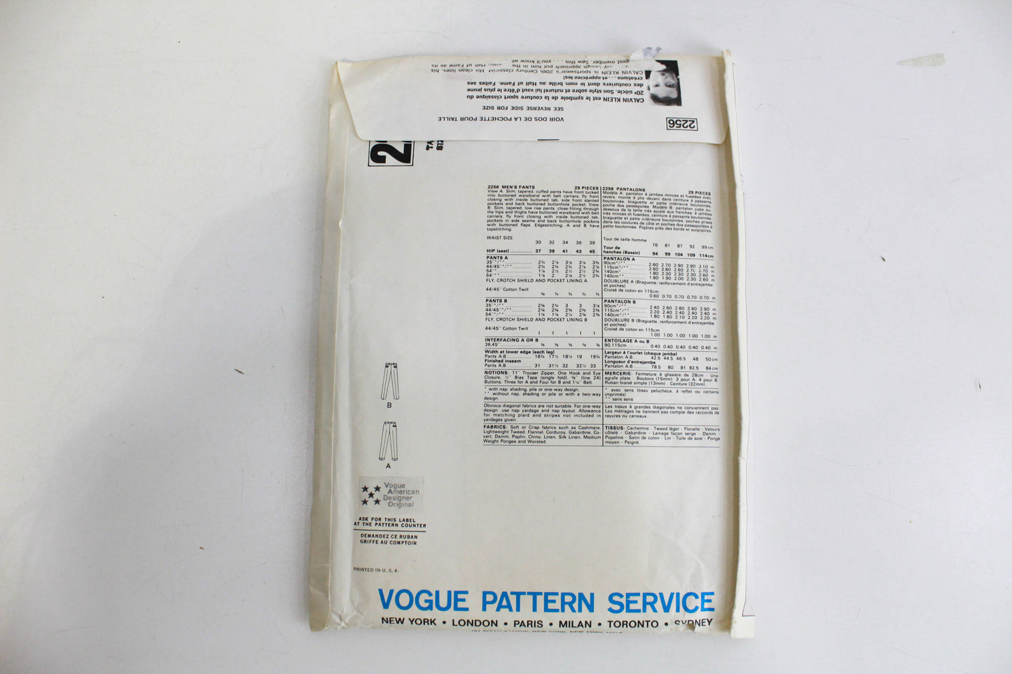 1970s Vogue American Designer 2256 Calvin Klein Sewing Pattern, UNCUT, Men's Pants Waist 34, FF Complete