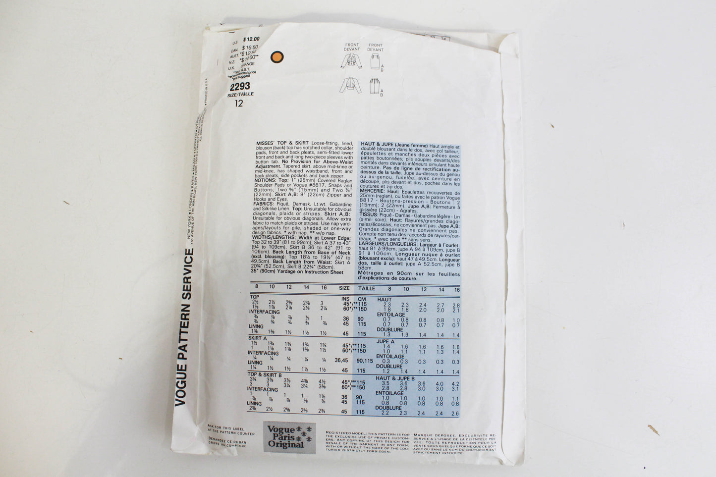 1980s Vogue Paris Original Sewing Pattern 2293 Karl Lagerfeld, Top and Skirt Pattern, Complete, Bust 34"