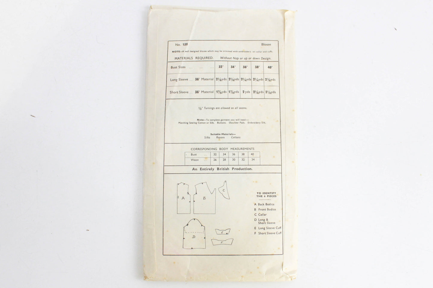 1940s Collared Blouse with Embroidery Thread Woman 139 Sewing Pattern, Factory Folds, Bust 36