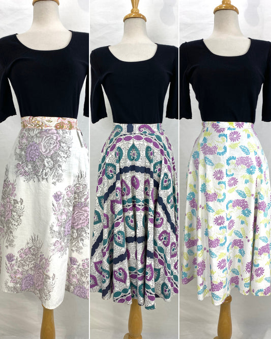 Vintage 1950s cotton print skirt lot. Ian Drummond Vintage. 