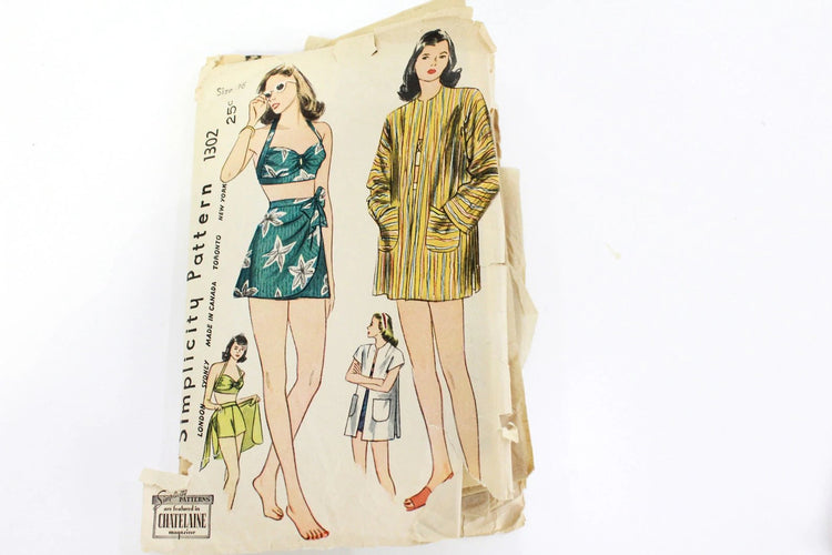 Vintage 1940s Bathing Suit Sewing Pattern, Simplicity 1302, Women's Halter Bra/ Sarong/ Shorts, Pin-Up Style, Bust 34"