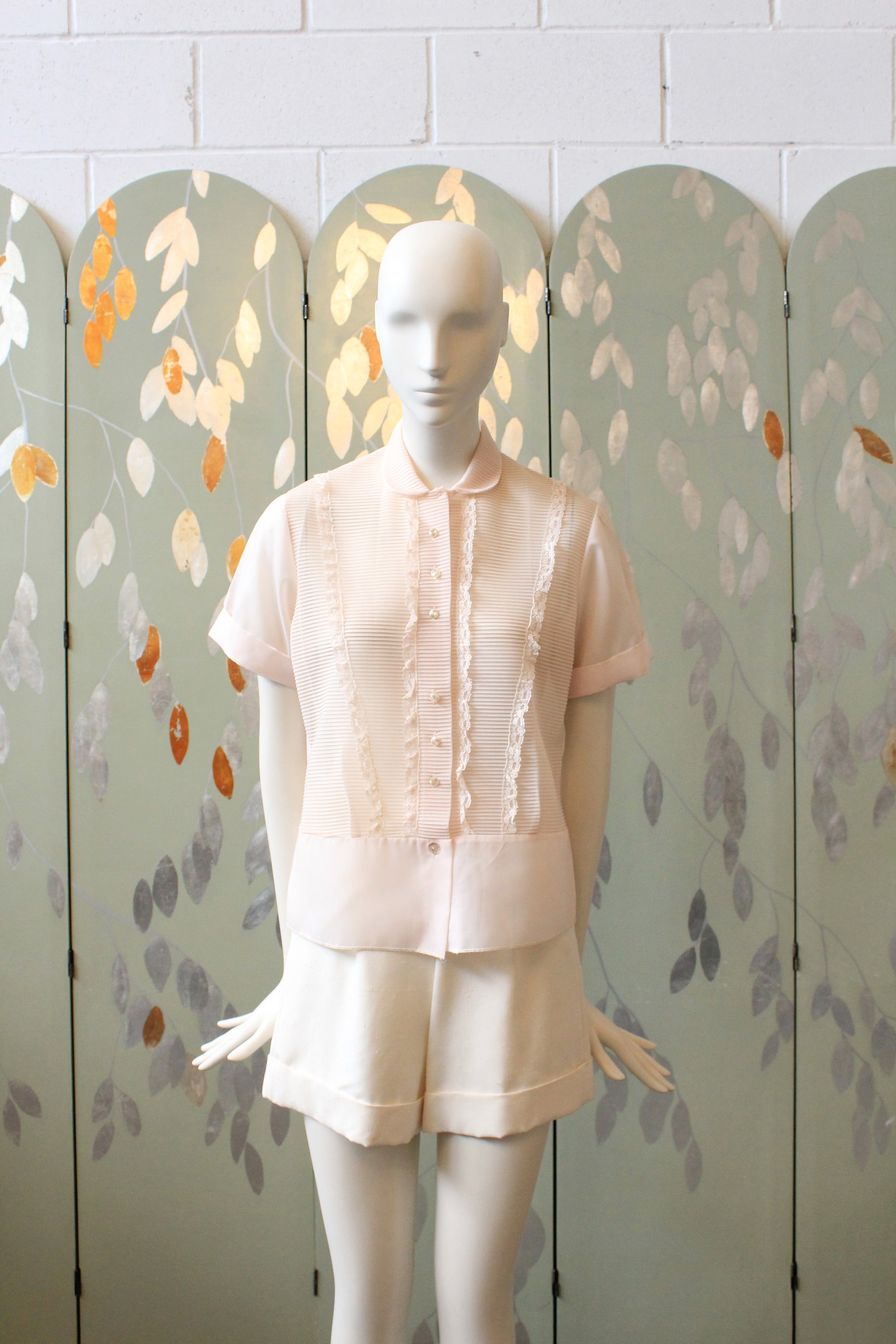 Vintage 1950s Light Pink Nylon Short Sleeve Blouse With Pintucks, M