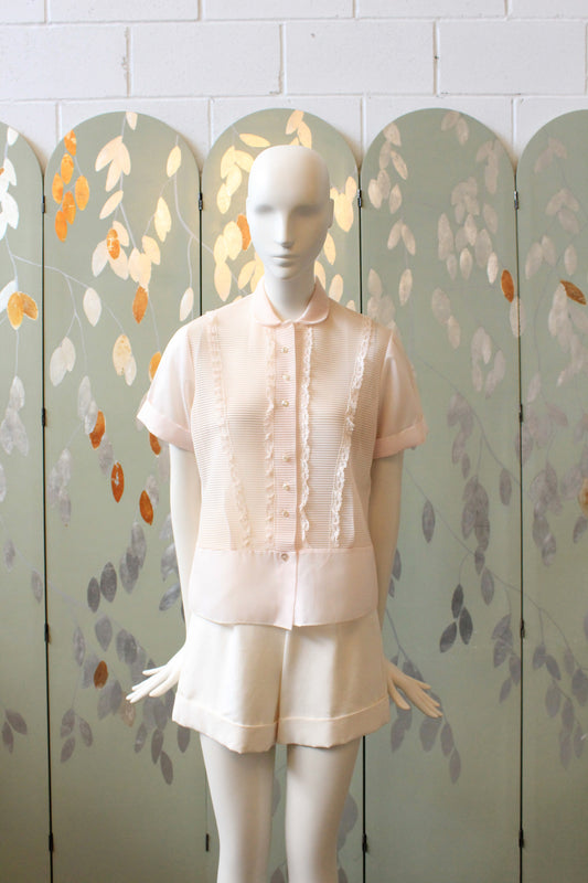 Vintage 1950s Light Pink Nylon Short Sleeve Blouse With Pintucks, M