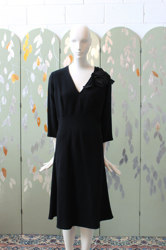 Vintage 1990s Black 3/4 Sleeve Wool Dress With Flower Detail, Rickie Freeman for Toni Jon, Medium