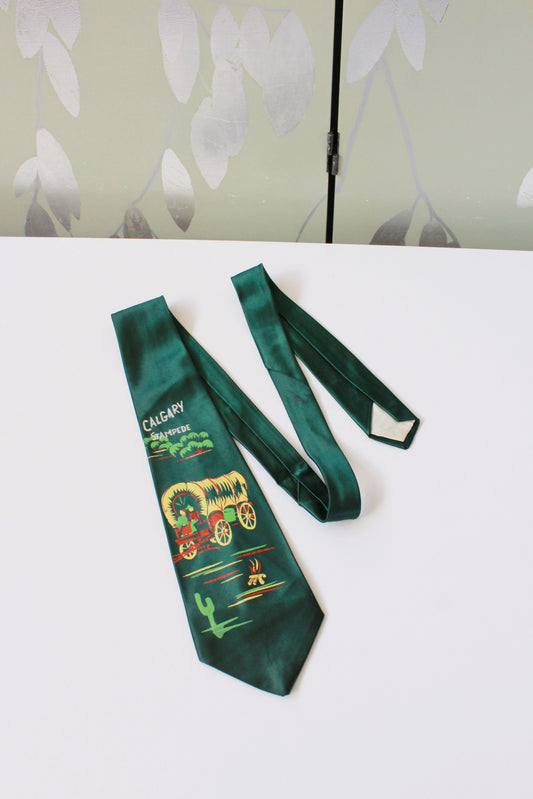 Vintage 1940s Calgary Stampede Green Rayon Screen Print Tie