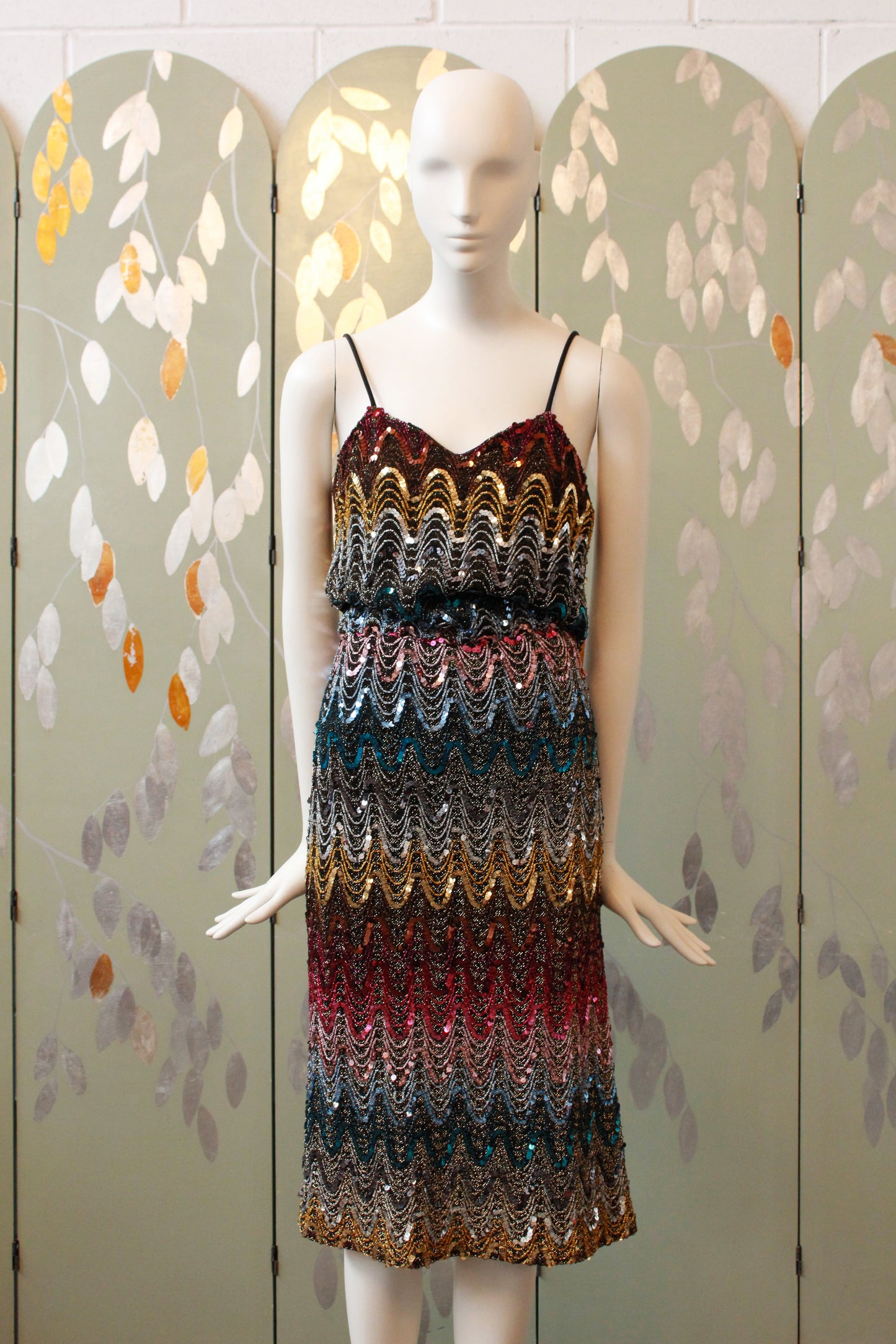 Vintage 1970s Sparkly Sequin Rainbow Spaghetti Strap Disco Dress, XS