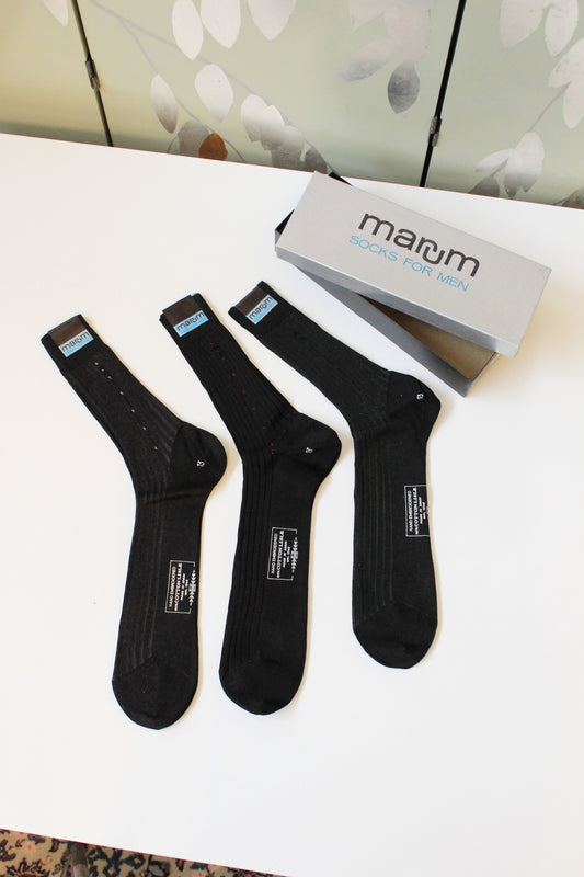 1990s Marum Deadstock Hand Embroidered Black Cotton Socks, Multiple Colours, Size 13